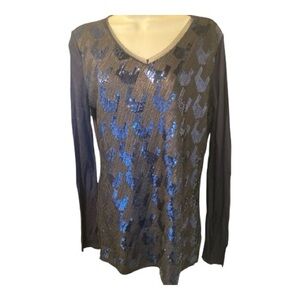Elegant Sequin V-Neck Long Sleeve Top - Black and Blue